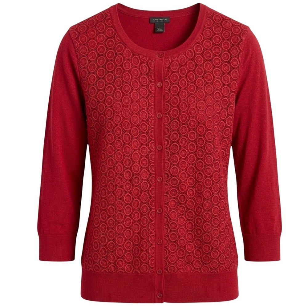 Ann Taylor Red Crochet Lace Front Button Down‎ Cardigan Sweater Women's Large